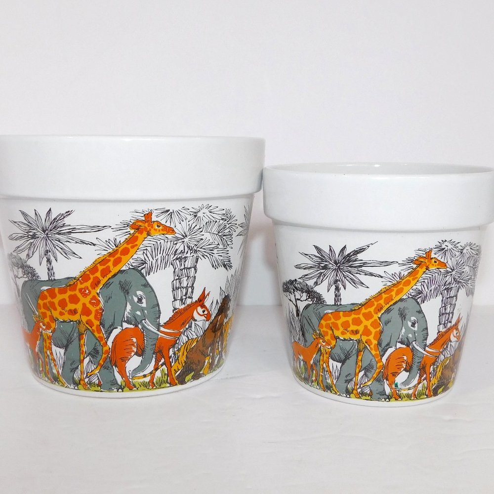 Safari Jungle Animal Scene print ceramic  Planters Set 2 VTG 4.5" & 4" Japan